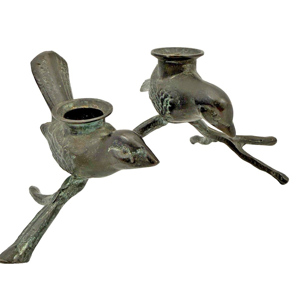 Birds on a Branch Cast Metal Candle Holder Verdigris Coloring Vintage